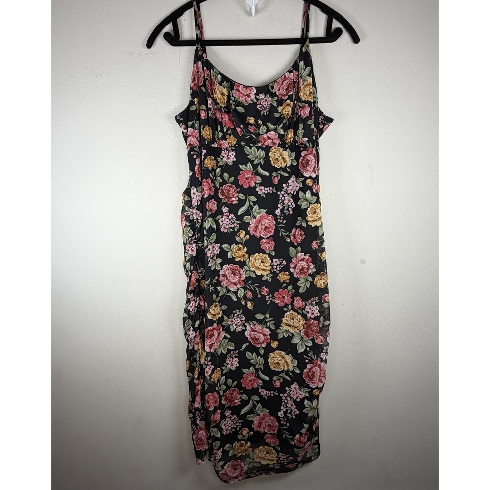 Y2K 90s Dress Plus 2X Dark Floral Spaghetti Lined Stretch Bodycon Cocktail Lace